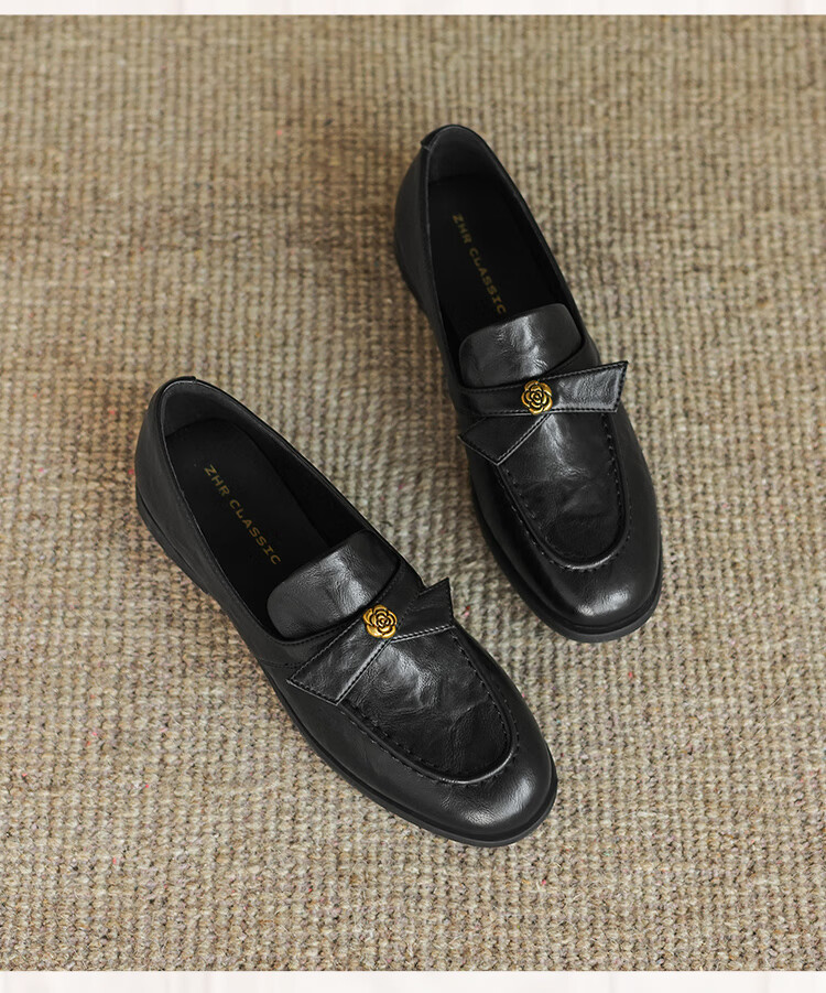 ZHR Women's Flat Shoes 2026 Spring New British Style Loafers Commuter Slip-On EH208 Black Size 38 9