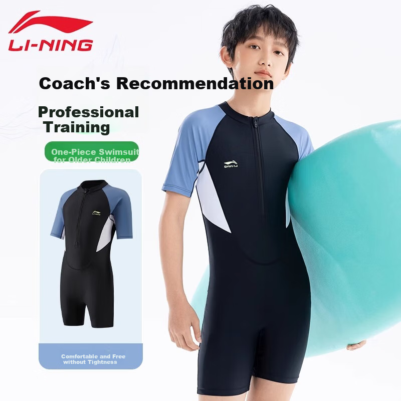 Li-Ning Children's Swimsuit, Boys' One-Piece Racing Swimwear for Older Kids And Teenagers Aged 12-16, Professional Competition Swimwear for Older Boys