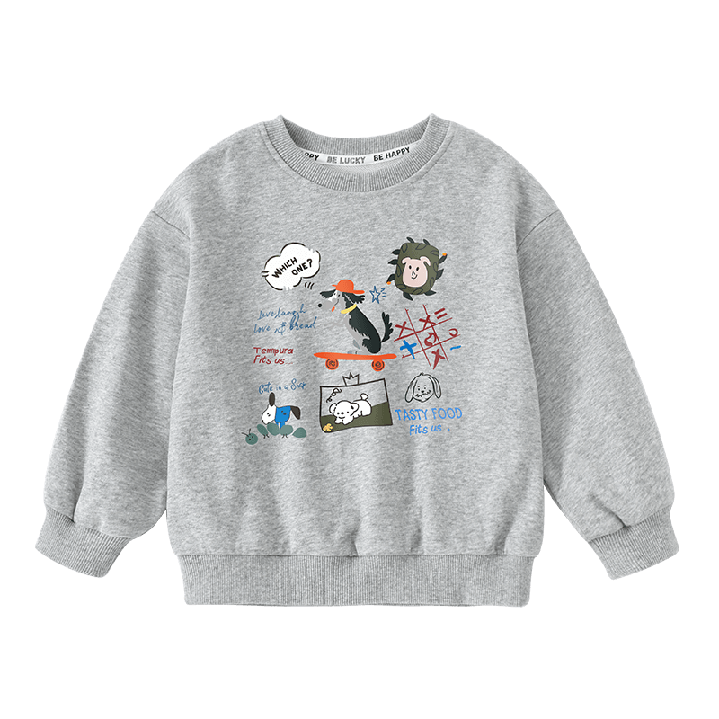 Badibadi Spring and Autumn Baby Toddler Sweatshirt American Style Unisex Comfortable Versatile Trendy Light Gray Puppy Party 110