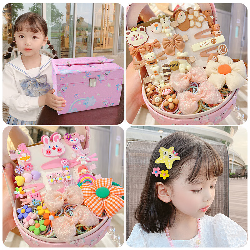 Dofi Cat Children's Hair Accessories Set Baby Hair Clips Little Princess Jewelry Box Pink Rabbit Half-Moon Gift Box 137 Pieces