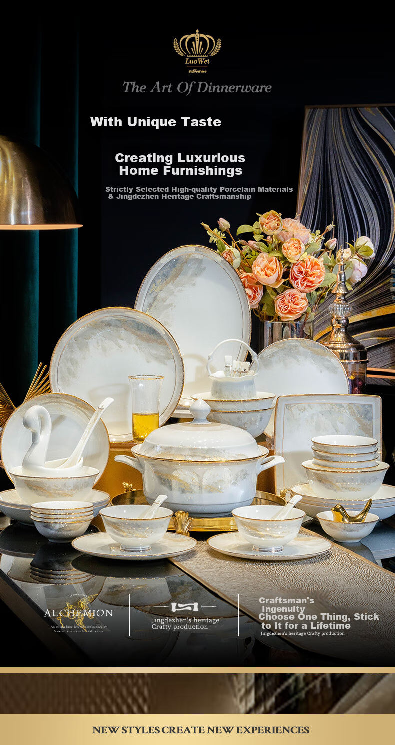 Luowei Dahao Heshan 62-Piece Jingdezhen Ceramic Dinnerware Set, Bowl And Plate Set for Home Use, Dishwasher Safe 6
