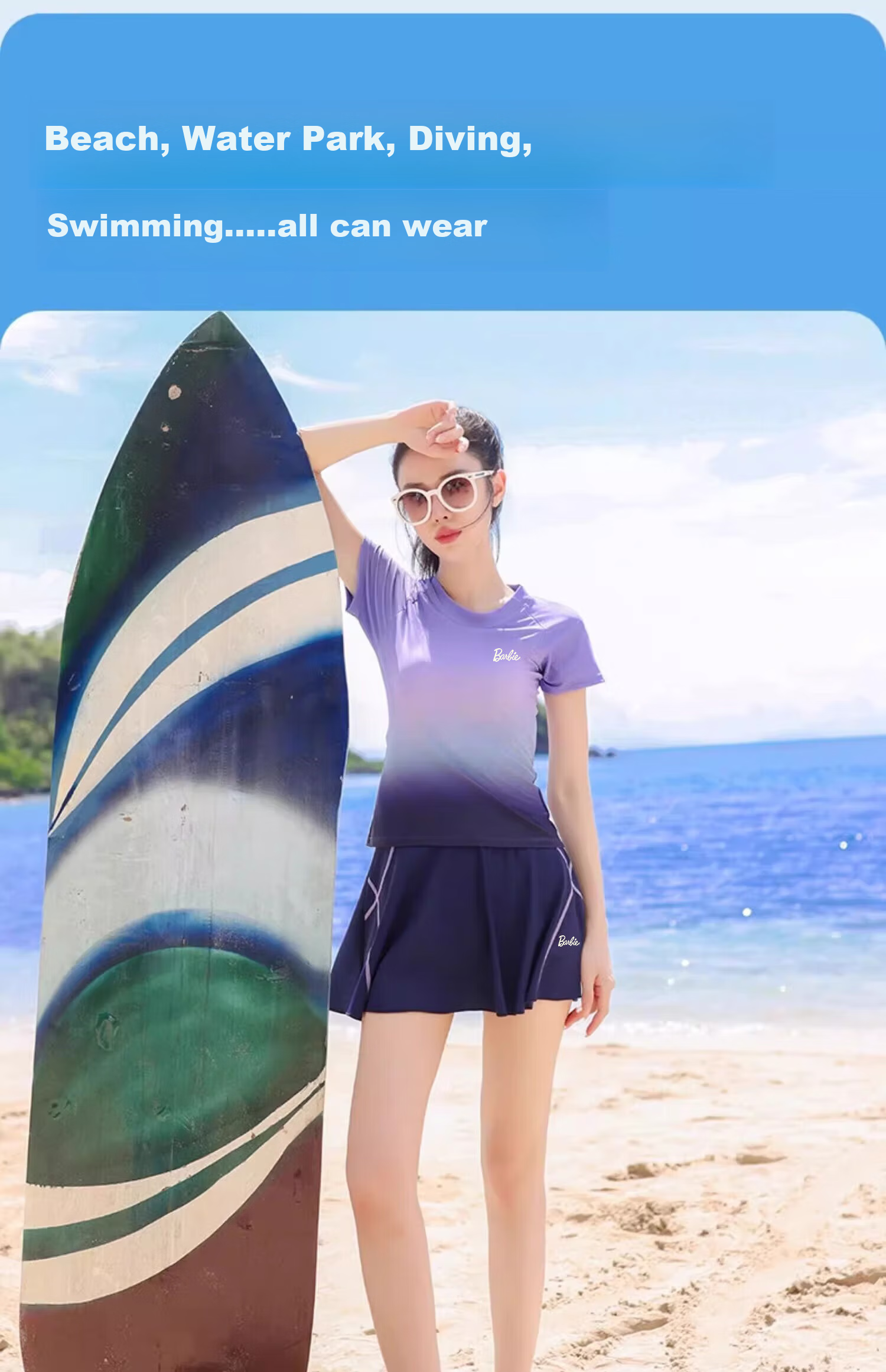Barbie Swimsuit for Women, Slimming Tummy-Covering Gradient Two-Piece Skirt Style, Push-Up for Small Chest, Conservative Beach Vacation Swimwear 9