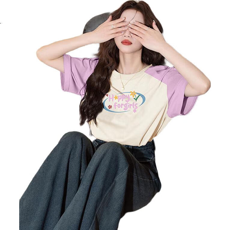 TonLion 2025 Summer Women's Raglan Sleeve Front Chest Print Short-Sleeve T-Shirt, S Apricot Color