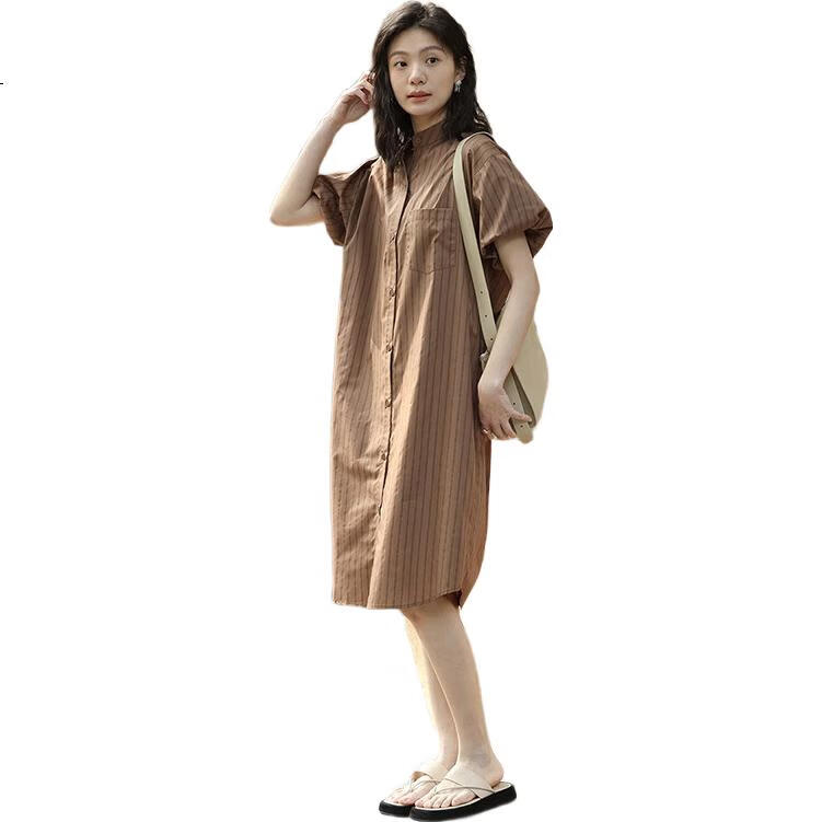 Dme Stand-Collar Striped Commuter Shirt Dress, Summer Puff Sleeve Striped Fabric Short-Sleeve Dress, Coffee Color, M