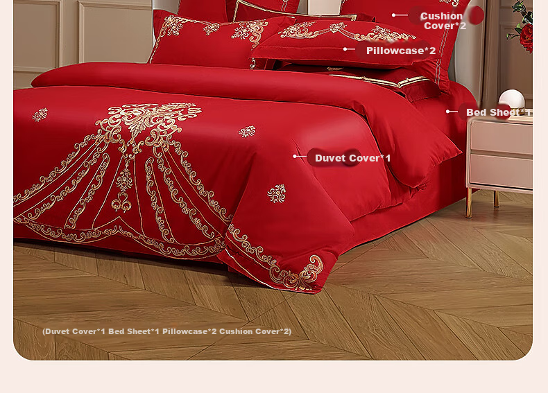 Shuixingjiafang Wedding Bedding Set of Six Pieces, 100% Cotton, Red, Wedding Bed Sheet And Duvet Cover, New Wedding Gift, European Embroidery Style, for 1.8m Bed 17