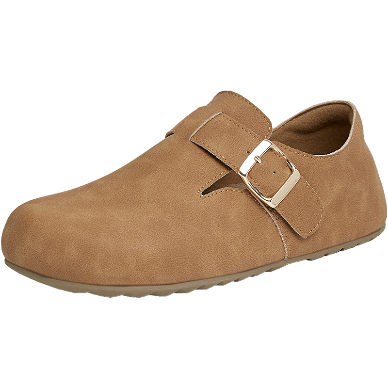 TATA Retro Birkenstock-Style Women's Shoes, Deep-Mouth Cotton Shoes, Fluffy Flat Single Shoes, Brown (Full-Coverage Style), Size 38