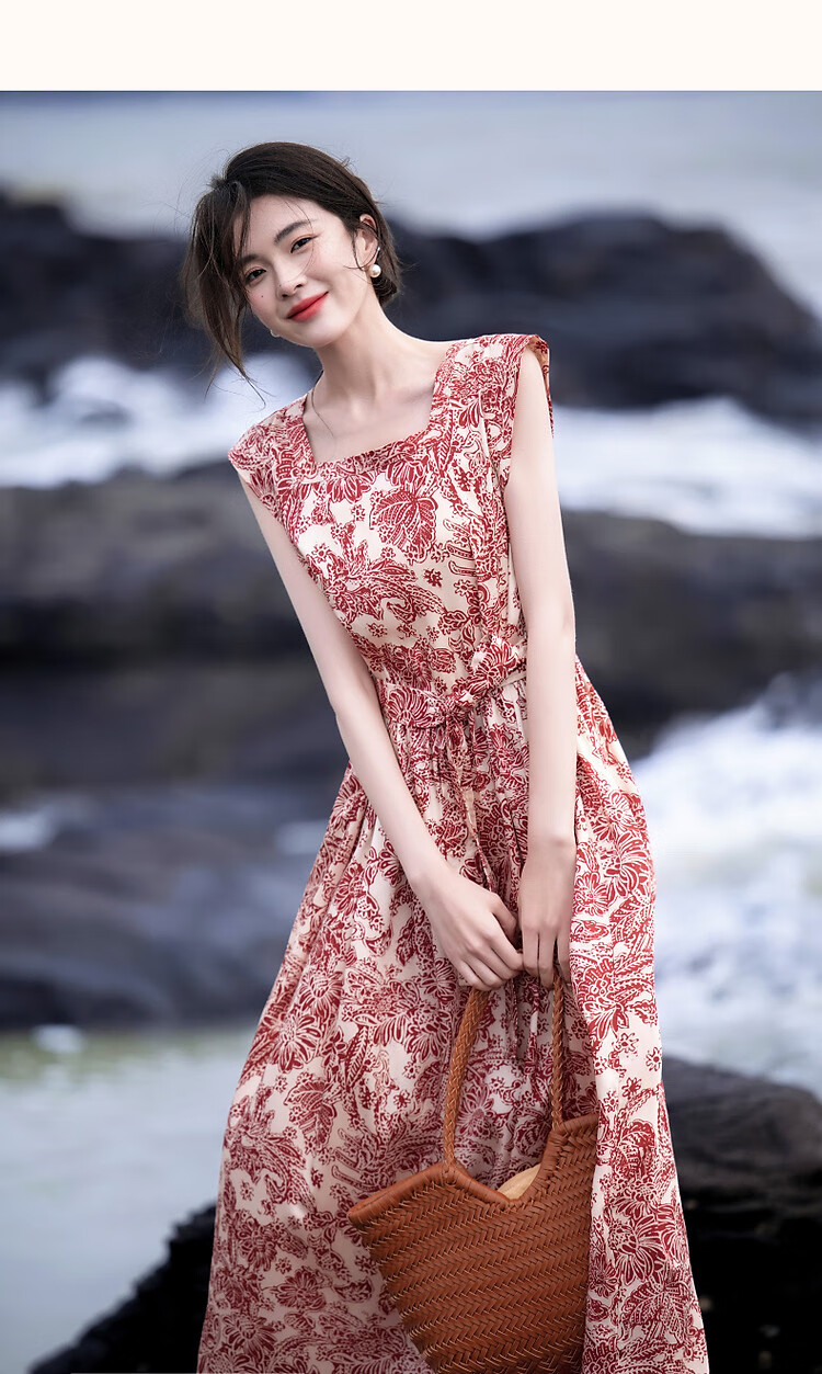 Demana [Dream Among Flowers] Summer National Style New Chinese Square Neck Tie Sleeve Waist Printed Elegant Women's Dress 9