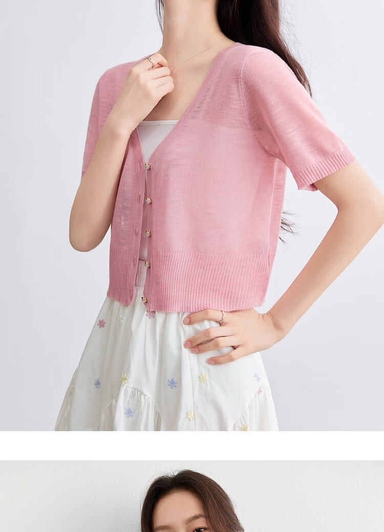 Sentubila Lazy Atmosphere Milk Huhu Refreshing Knit Top for Women, Summer V-Neck Short-Sleeve Cardigan, White, L 19