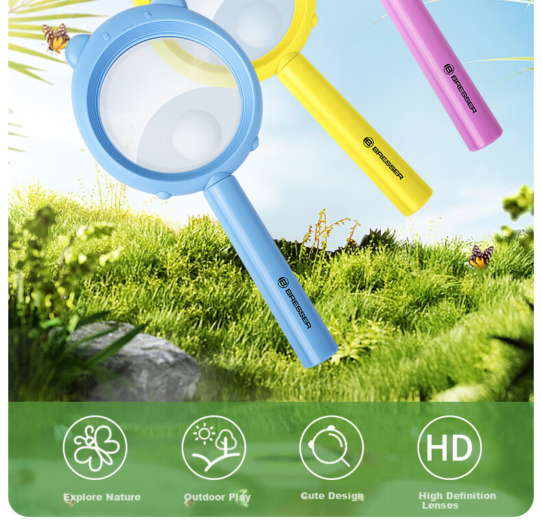 Bresser Magnifying Glass, Children's Toy Reading Tool with LED Light, Handheld High Magnification Special Edition without Light, Pink, New Year Gift 2