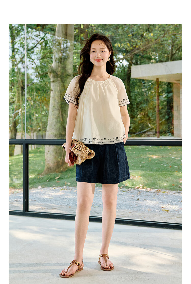 Inman French Style 100% Cotton Embroidered Shirt Summer Women's Casual Vacation Short Sleeve Blouse Beige M 15