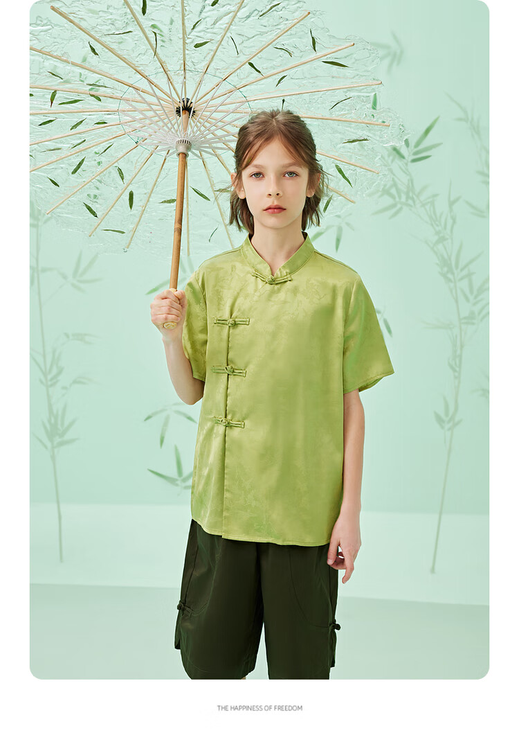 Zhimu Children's Clothing, New Chinese Style Satin Button Stand Collar Boys' Shirt, 2025 Summer New Kids' Wear, Green, Size 150 6