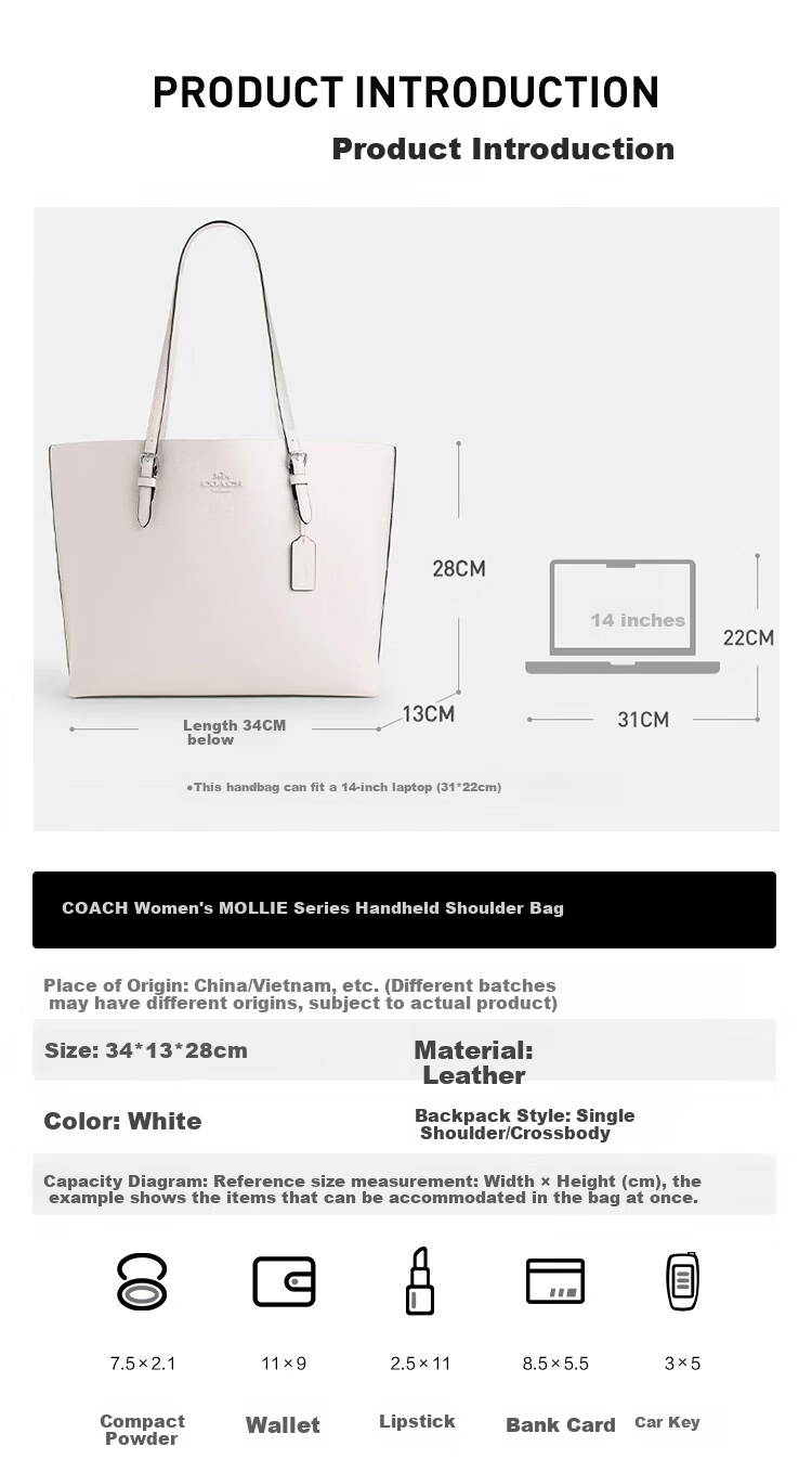 COACH [Brand Direct Supply], Women's MOLLIE Large Shoulder Tote Bag, White CV968, New Year Gift 6