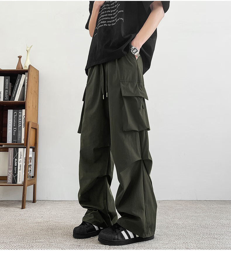 Homlean American-Style Wide-Leg Cargo Pants for Men, Summer Straight Loose Paratrooper Functional Tactical Casual Trousers KMX06 Black L 15