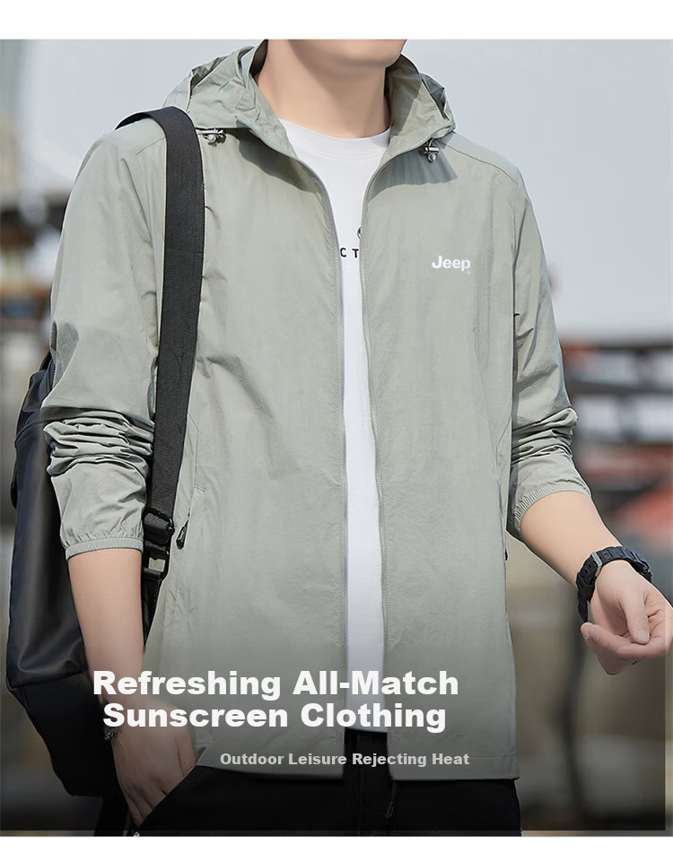 JEEP Men's Sun Protection Jacket, Summer Ice Silk Breathable Skin Coat, Quick-Dry Clothing for Men, Light Gray, Size L 2