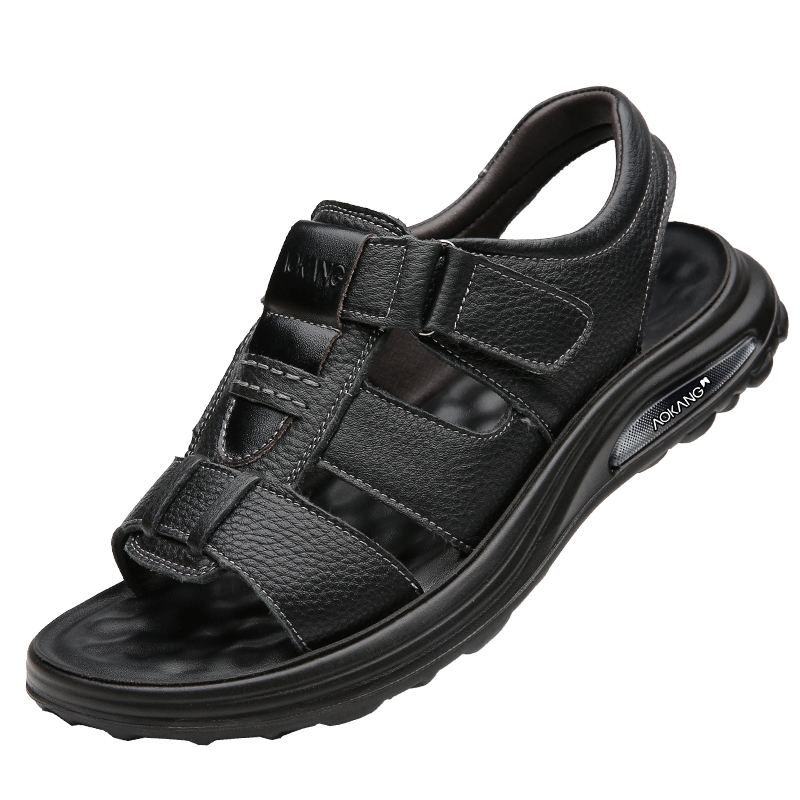 Aokang First Layer Cowhide Men's Sandals Beach Shoes Cowhide Trendy Middle-aged and Elderly Dad Leather Sandals Black 41