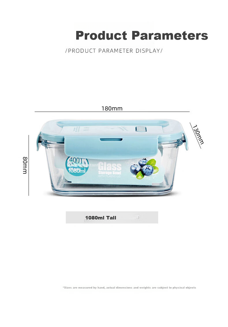 Chuangde Heat-Resistant Glass Food Storage Container, Microwave-Safe Lunch Box, Refrigerator Organizer Bento Bowl Meal Tray, Heightened 1080ml 2
