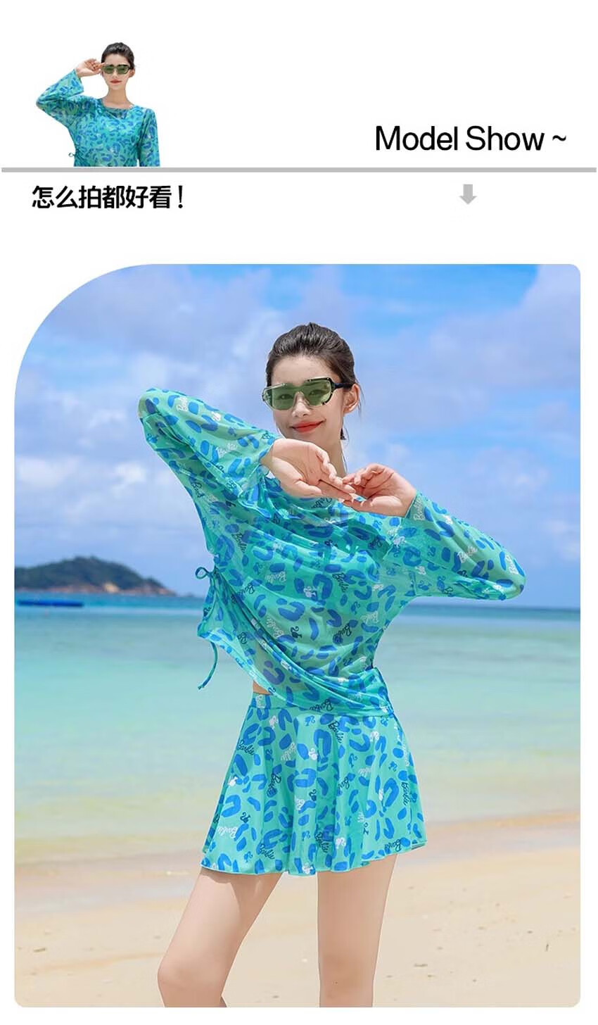 Barbie Women's High-End Conservative Long-Sleeve Swimsuit Set with Skirt for Beach Vacation, Slimming And Concealing Three-Piece Swimwear 8