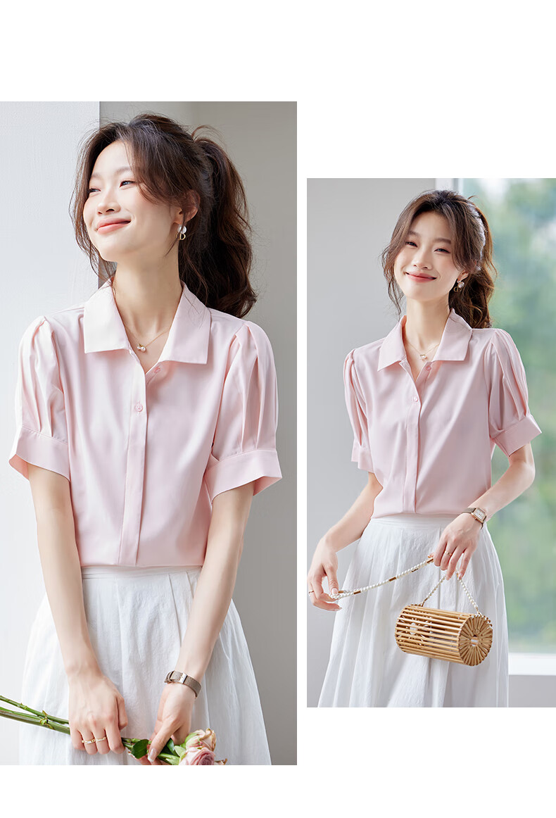 Jeanswest Women's White Short Sleeve Shirt with Lapel Collar Summer Professional Commuting Top, Size L 11