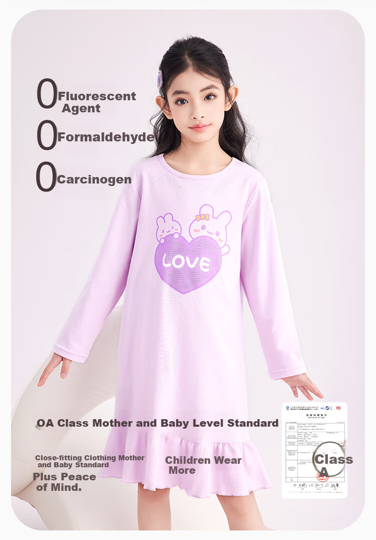 DEESHA [60S High-Count High-Density Cotton] Girls' Antibacterial Lightweight Nightgown, Summer Cotton Long-Sleeve Home Dress 5