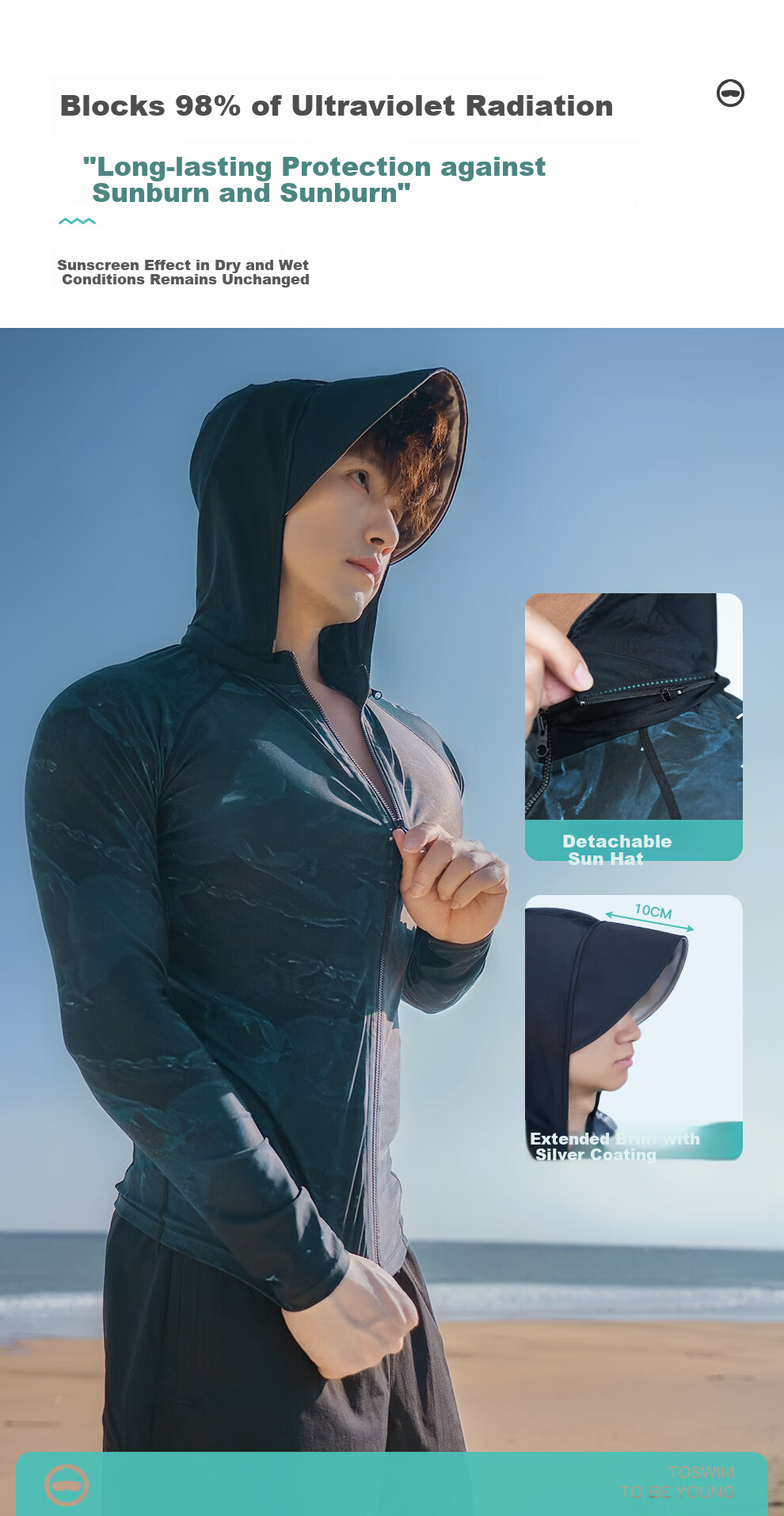 TOSWIM Men's Swimwear Surfing Suit Long Sleeve Sun Protection Quick-Dry Hooded Single Top, Glossy Water Film M 4