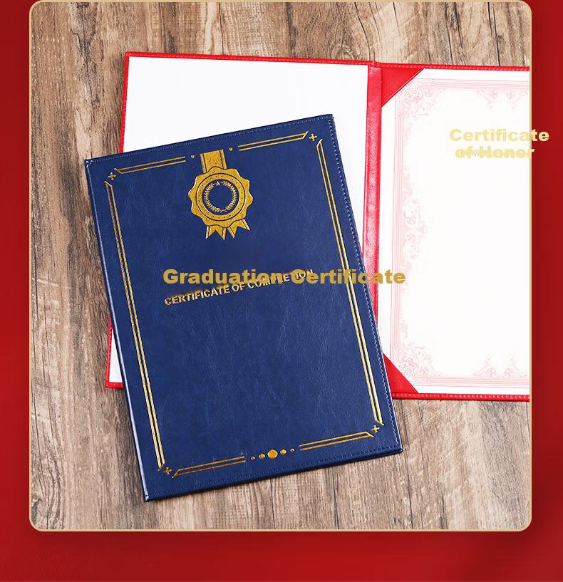 SHEN SHI A4 Leather High-Quality Certificate Cover for Diplomas, Honorary Certificates, Graduation Certificates, Training Certificates, with Inner Pages That Can Print Logo, Vertical Blue (Graduation Certificate) Inner Page 1 Sheet 15