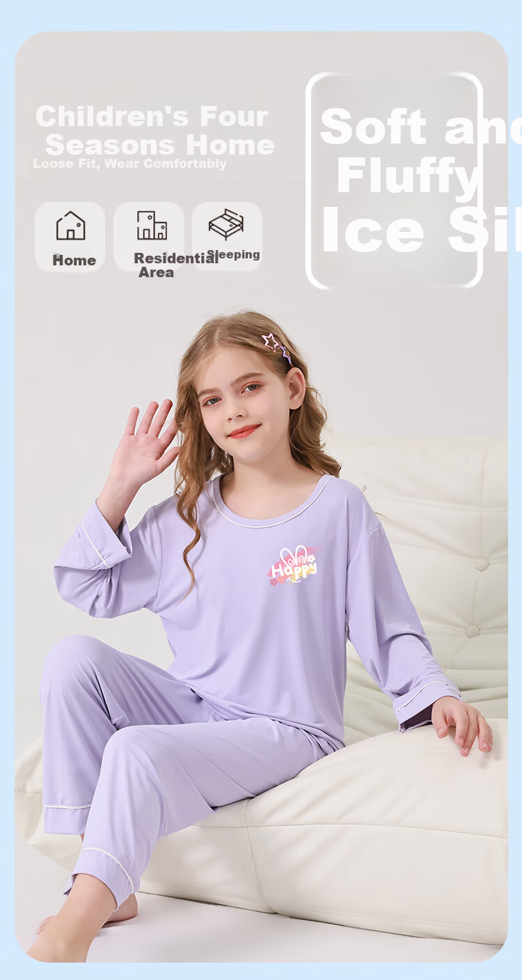 DEESHA Children's Pajamas, Girls' Spring And Summer Thin Sleepwear Set, Round Neck Ice-Cool Air Conditioning Clothes for Girls 1