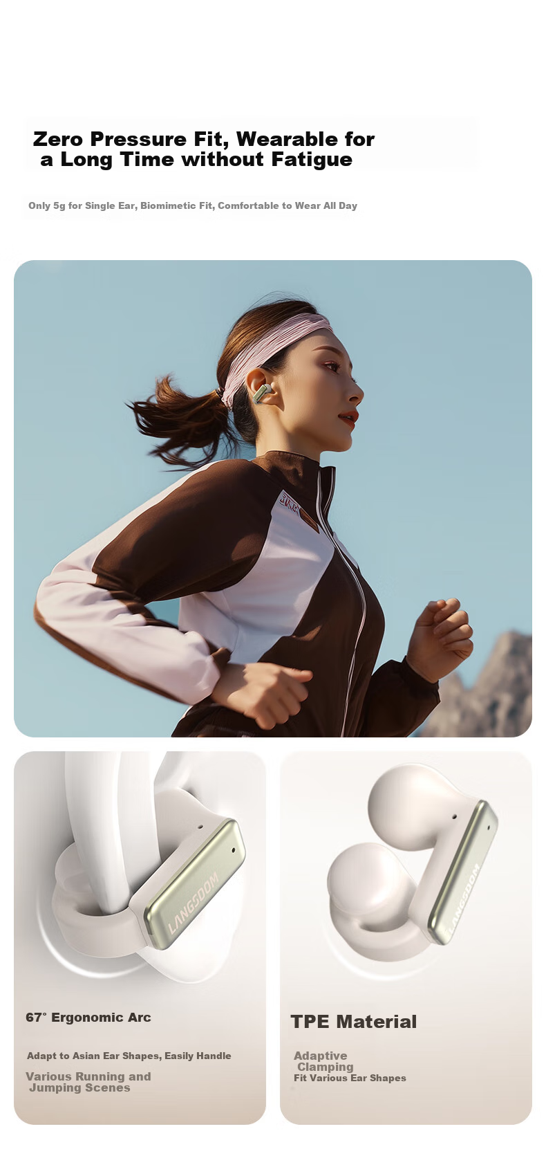 Lanshidun Bluetooth Headphones, Bone Conduction Concept Clip-On Wireless Open Non-In, Sports Running Cycling ENC Noise-Cancelling Headphones with Ultra-Long Battery Life, Supports APP, TS28 Beige 4