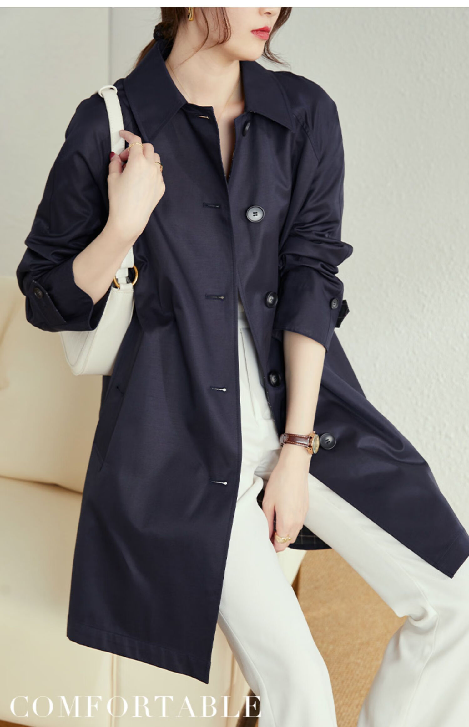 AOTUN British Style Women's Mid-Length Trench Coat Korean Version Slim Straight Jacket AT2359 Navy XXL 15