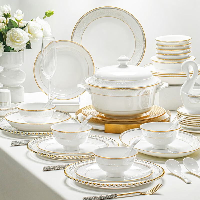 Набор посуды Mornenjoy Jingdezhen, керамический, 70 предметов, для дома, подарок на новоселье или свадьбу, европейский стиль