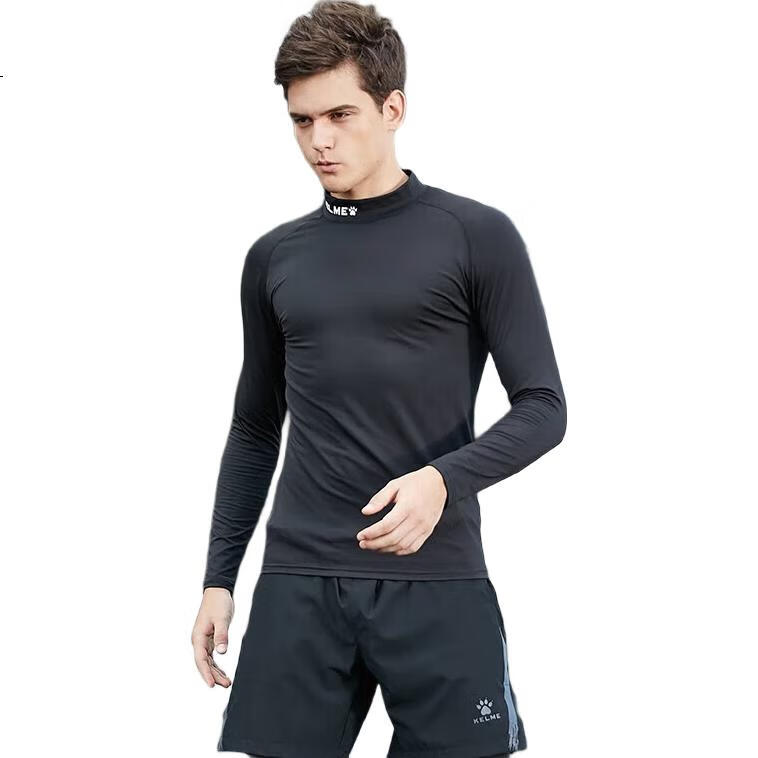 KELME Men's Sports Elastic Tight-Fitting Shirt with Fleece Lining, Thickened Warm Fitness Wear Football Base Layer Black 2XL