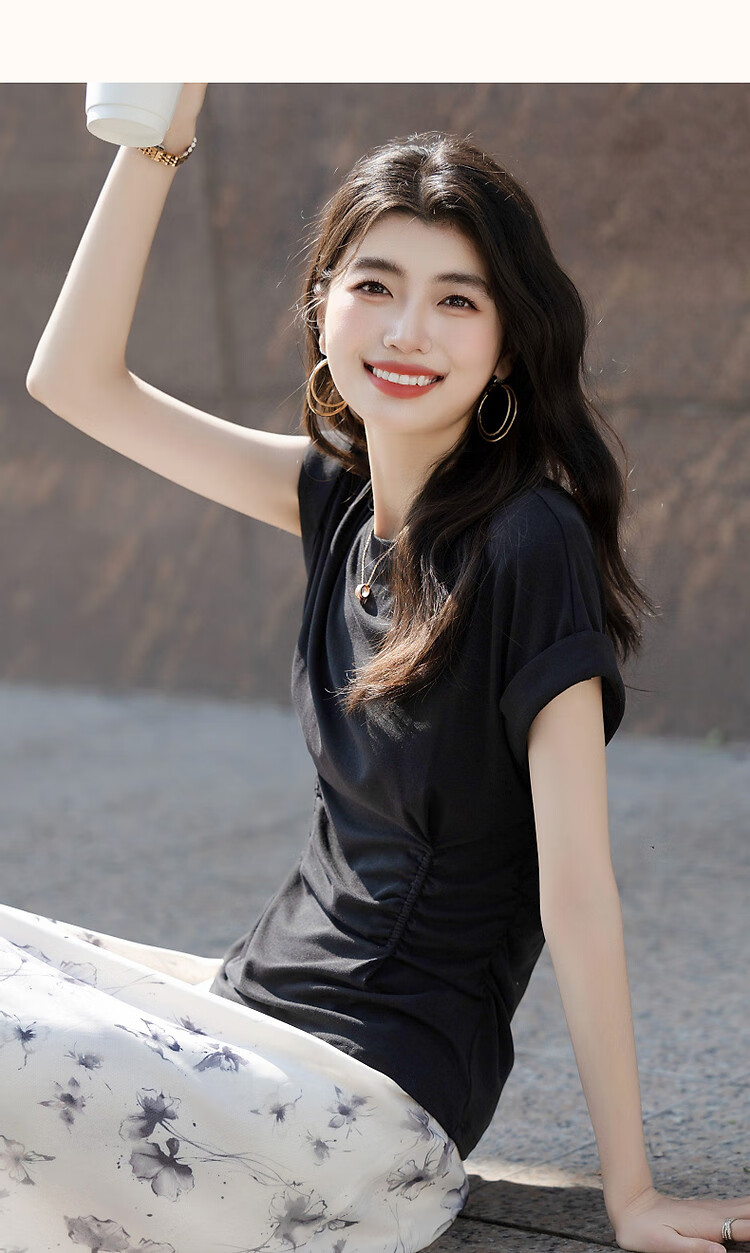 Dme [Containing Naked-Feel Lyocell] Summer Simple Round Neck Pleated Undershirt Short Sleeve Soft Stretch Comfortable Slimming Women's T-Shirt 16