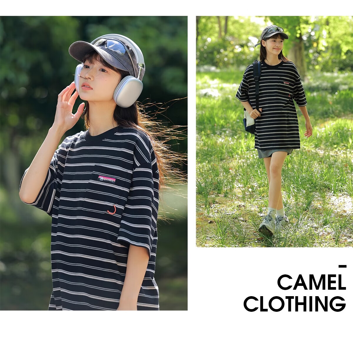 CAMEL 100% Cotton Outdoor T-Shirt Women Spring Summer Breathable Loose Fit Stretchy Striped Short Sleeve Top Men V010 2