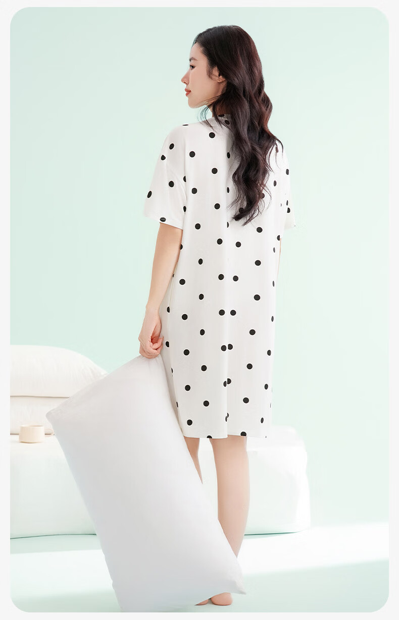 FENTENGCARE Women's Nightgown with Built-In Bra Pads, Round Neck Short Sleeve Short Skirt Polka Dot Breathable Dress Loungewear Gift for Girls 13