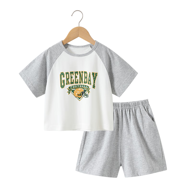 Badi Badi Pure Cotton Children's Short Sleeve and Shorts Set Unisex Versatile Stylish Light Gray Green Harbor 140