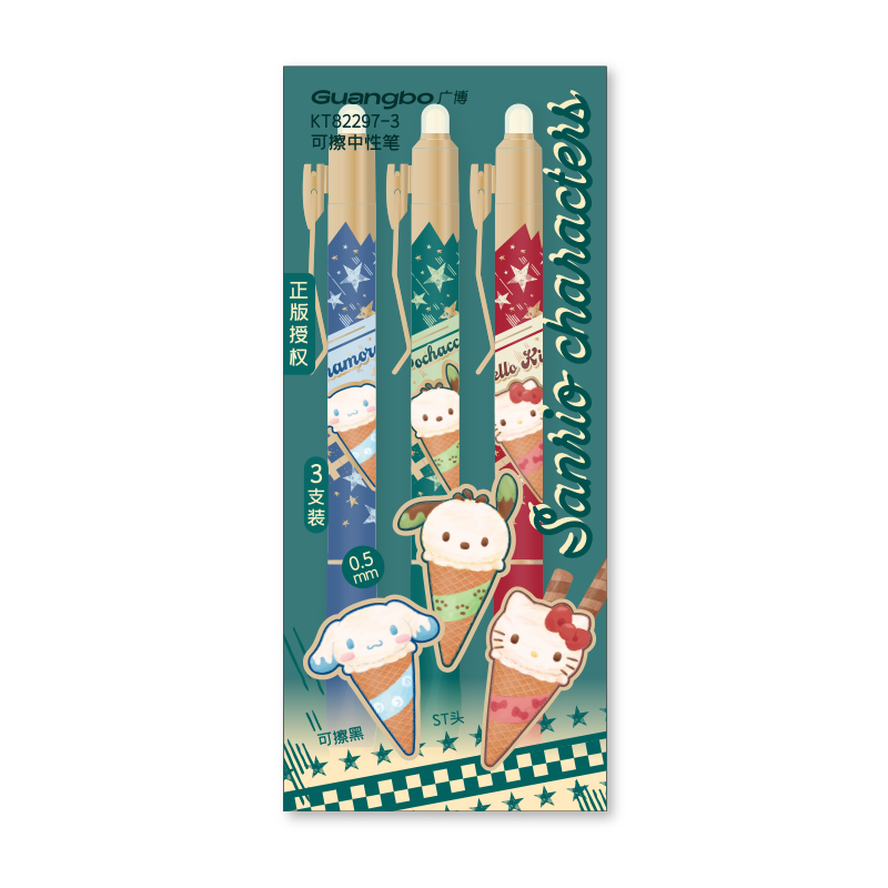 Guangbo & Sanrio Erasable Gel Pen Retractable Water Pen ST Tip Black 0.5mm Student Office Thermal Signature Pen 3pcs KT82297-3