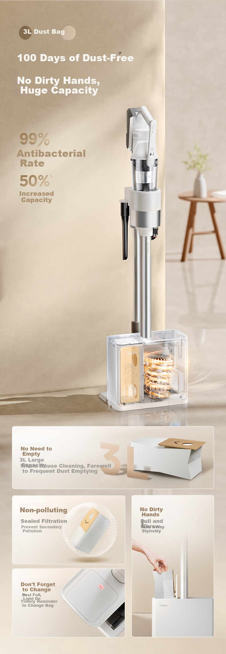 Midea Self-Collecting Dust Vacuum Cleaner F20S, Powerful Suction, Cordless Handheld, Self-Cleaning Station Vacuum Cleaner, Green Light Dust Indicator, Pet-Friendly, No Dust Buildup F20statio 3