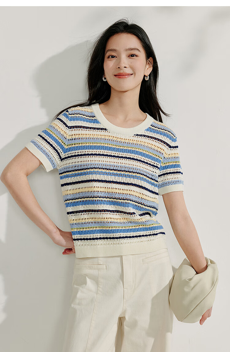 INMAN [Showroom Style] Suoluna Cool-Feeling Striped Short-Sleeve Women's Top, Summer 2026 Knitted Sweater, Yellow, Size L 22