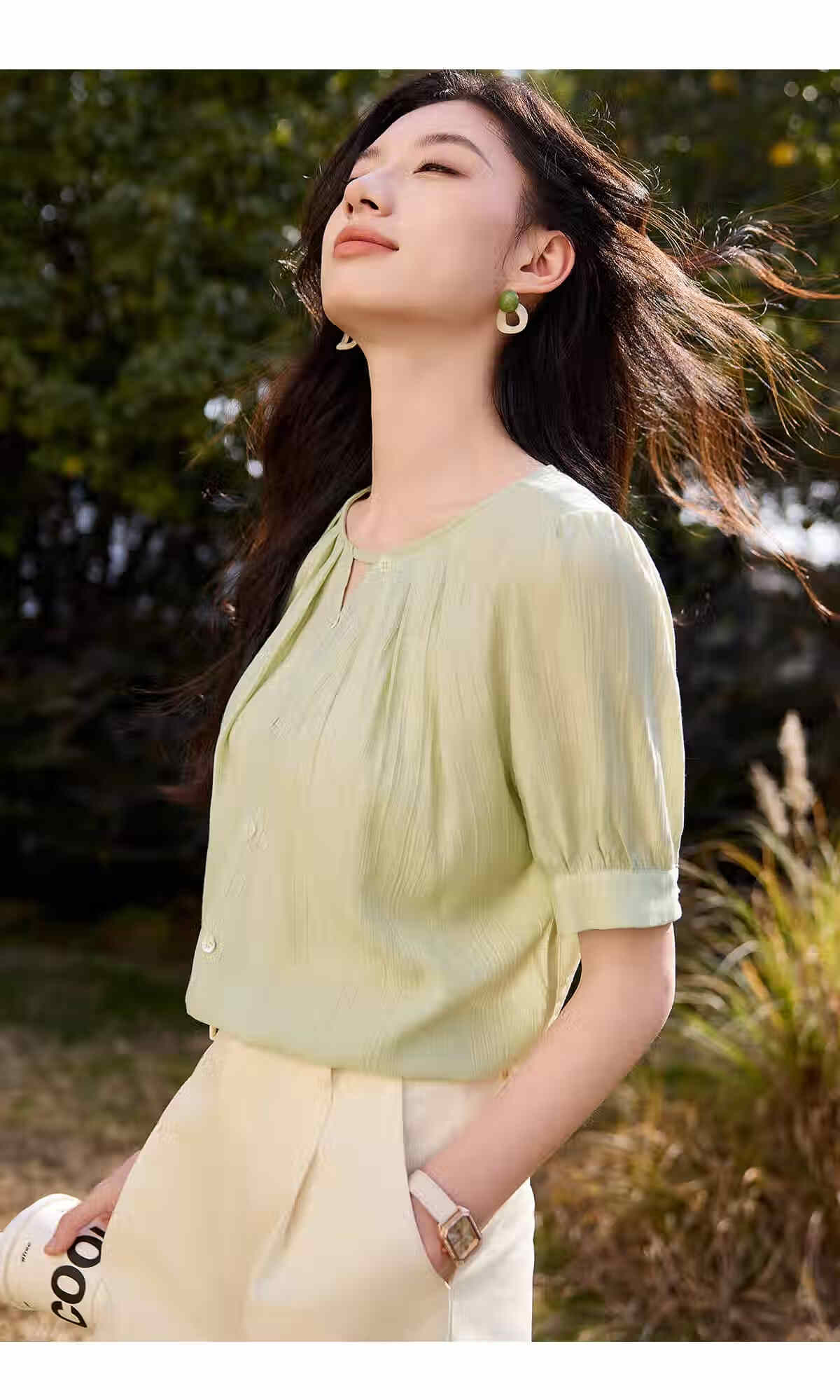 Chushen Summer Women's Short Sleeve Shirt V-Neck Hollow Out Elegant Vacation Style Chiffon Blouse S52X016 13