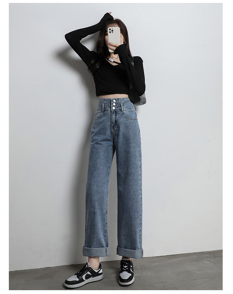 Romon [Cotton Stretch] Women's Summer High-Waist Slim Fit Simple Casual Loose Wide-Leg Jeans Dark Blue S 16