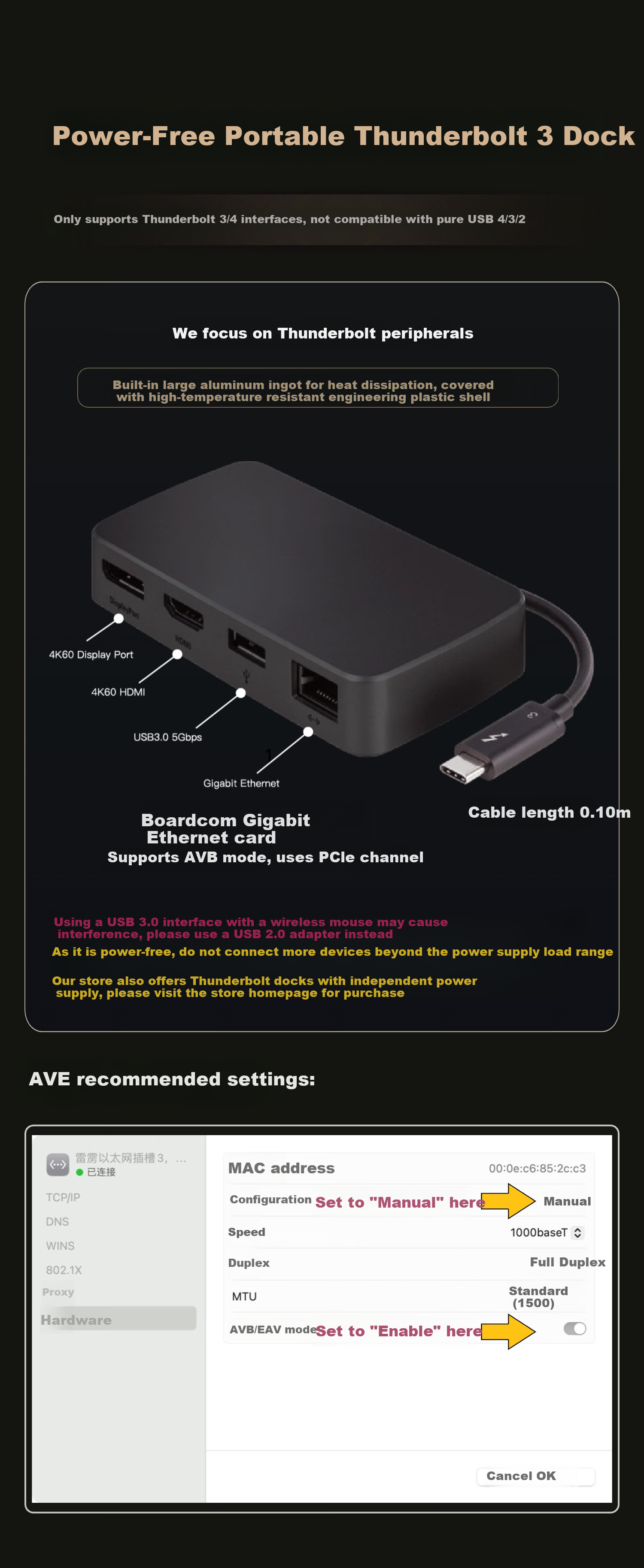 WERO Thunderbolt Dock, Portable, No Power Required, Dual 4K 60Hz Gigabit Ethernet Ports, AVB Mode Conversion, Suitable for Laptops, MacBook 1