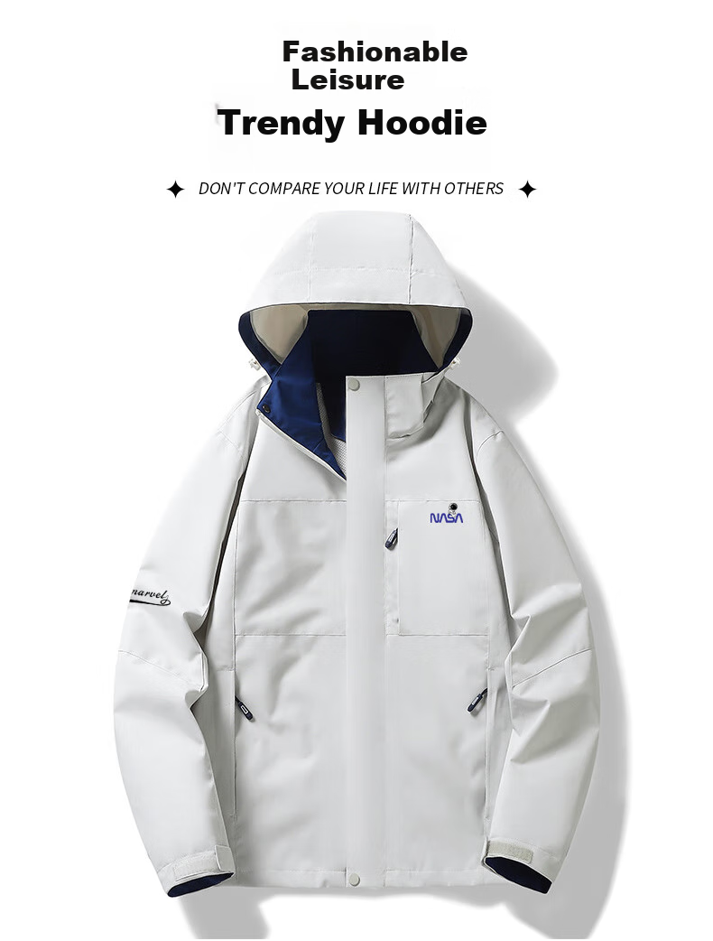 NASA MARVEL Windbreaker Jacket for Men, Spring And Autumn Outerwear, Hooded Breathable Wear-Resistant Windproof Couple Hiking Clothing, Warm White XL 2