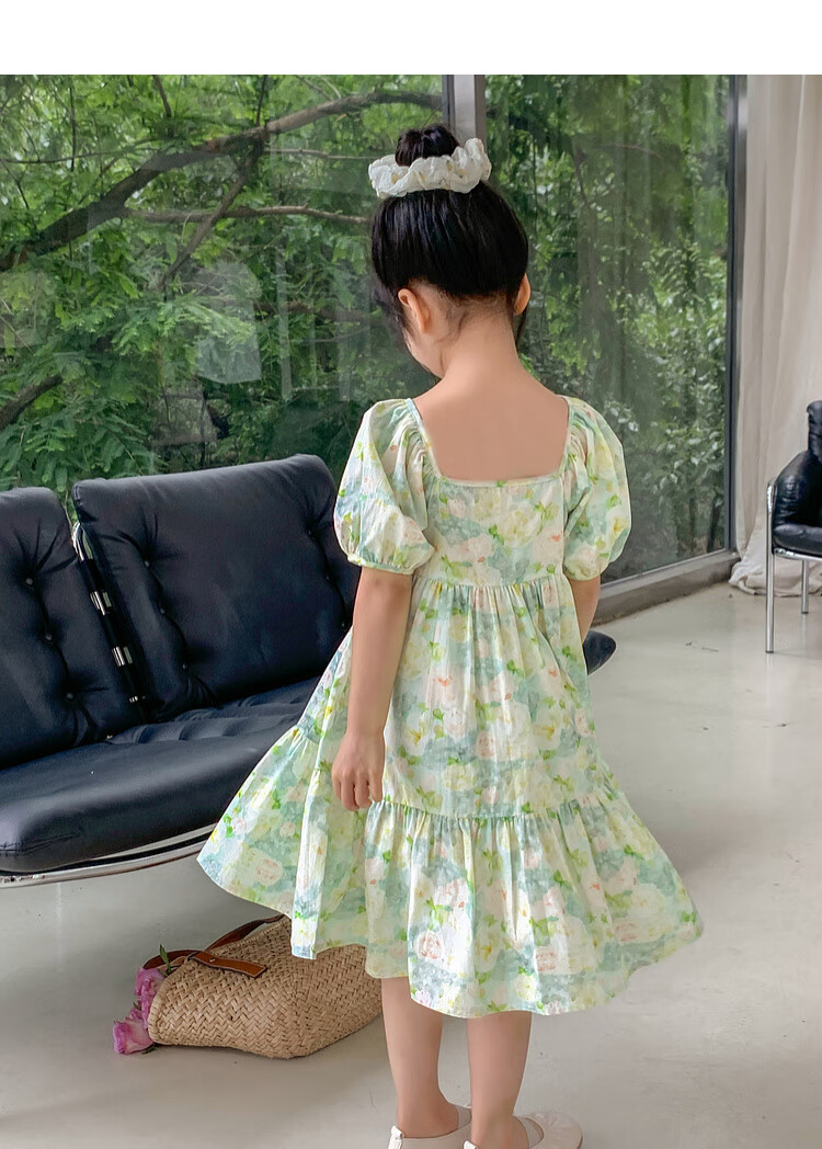 Tutuxiaoxiang Girls' Dress, 100% Cotton, Children's Puff Sleeve Floral Princess Dress, Green, Size 110, Height Approximately 110cm 15