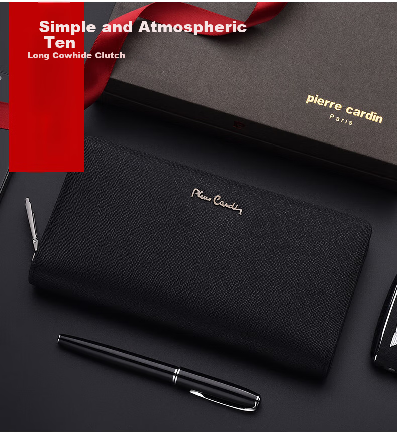 Pierre Cardin Men's Long Leather Wallet, Zipper Clutch, Gift Box, Black 1