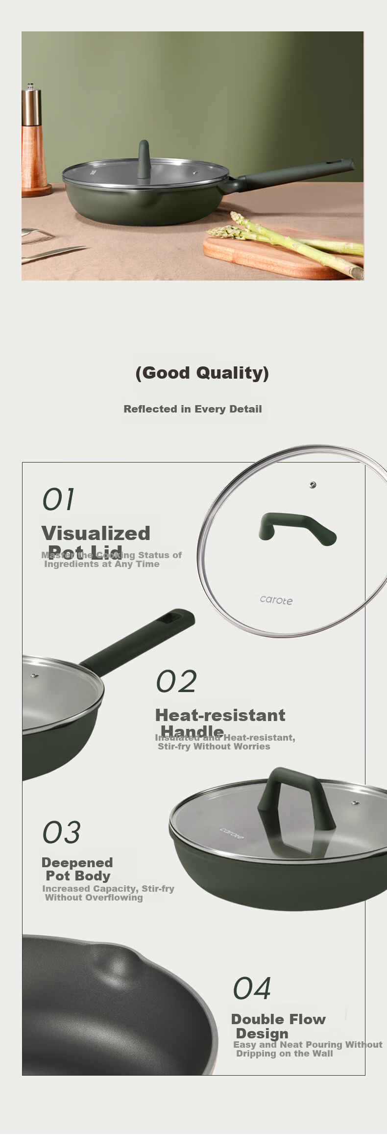 CaROTE Non-Stick Deep Frying Pan for Steak, Titanium Pan for Home Use with Induction Cooker, Egg Frying Pan, 26cm 9