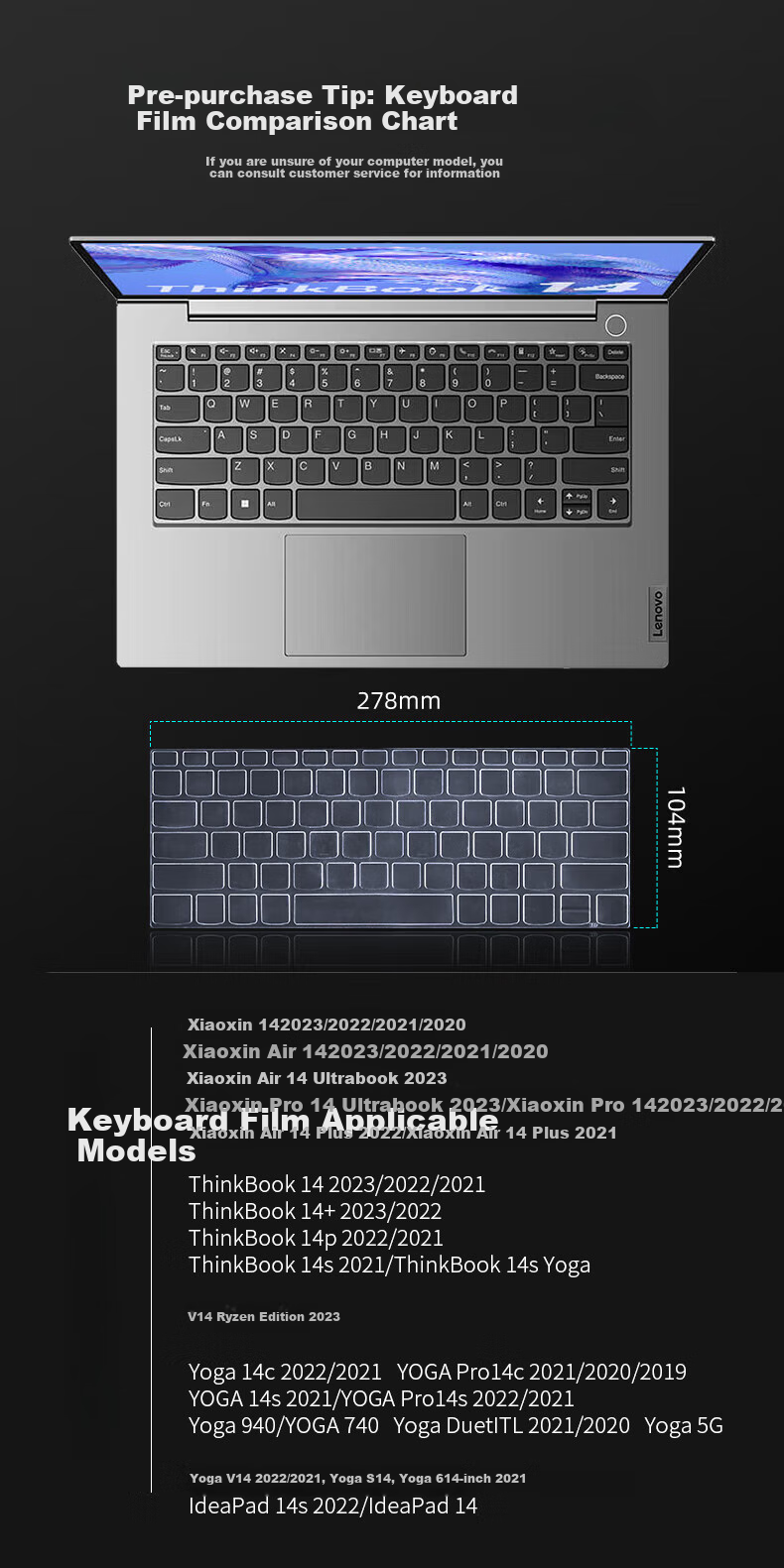 Jiasu Keyboard Protector for Lenovo ThinkBook14/14S, Compatible with V14 Ryzen Edition 2023 Model, 14-Inch Laptop Keyboard Protective Film, Dust Cover, High Transparency Invisible 1