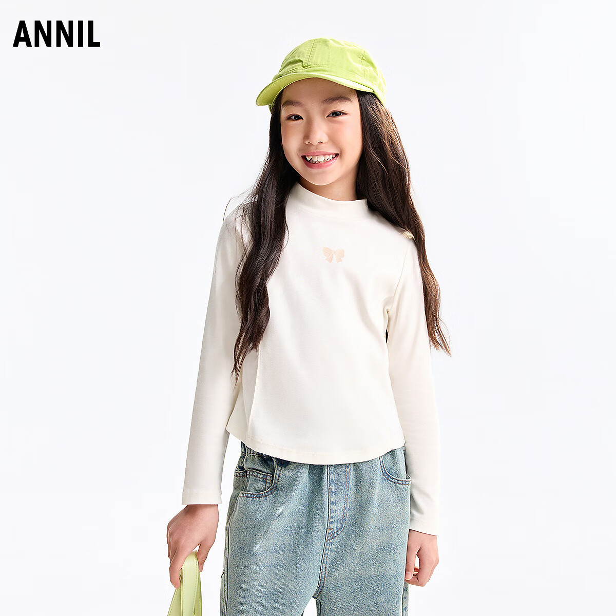 Annil Kids Girls Simple Outerwear Innerwear Mid-Neck Long Sleeve Knit Sweater 2025 Autumn New Milk Candy White 130cm