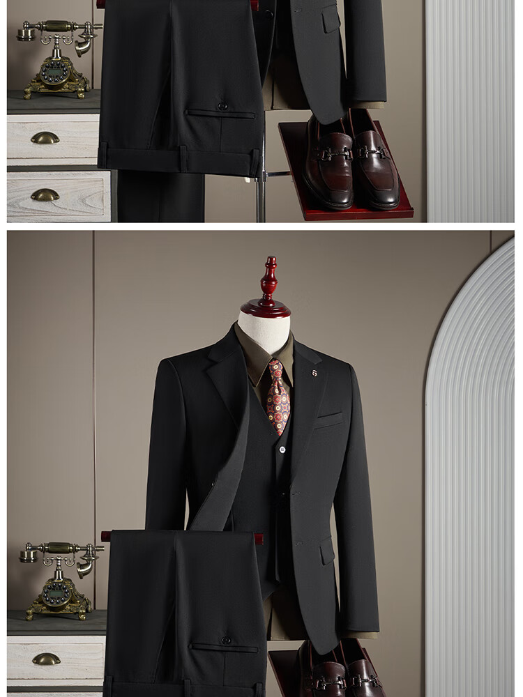 ROMON Men's Business Suit Set [Blazer + Vest + Trousers] Dark Gray 2XL 15