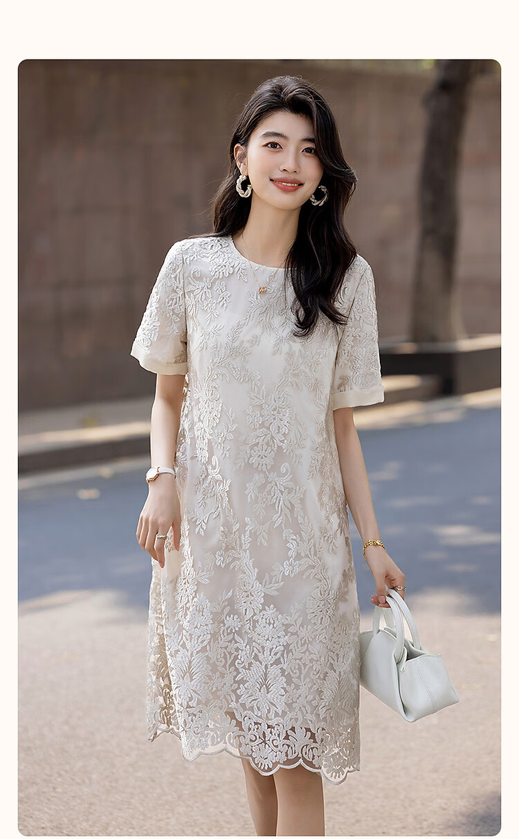 Demana French Charmer Summer Glossy Delicate Lace Embroidered Jacquard Short Sleeve Straight Mid-Length Women's Dress 3