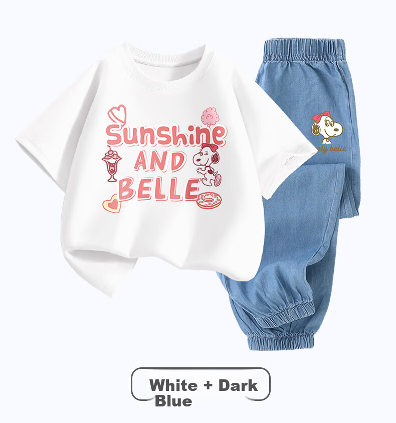 SNOOPY Girls' Short-Sleeve Set, Children's Short-Sleeve T-Shirt And Jeans 2-Piece Set, White Belle + Dark Blue Bell, Size 110 7