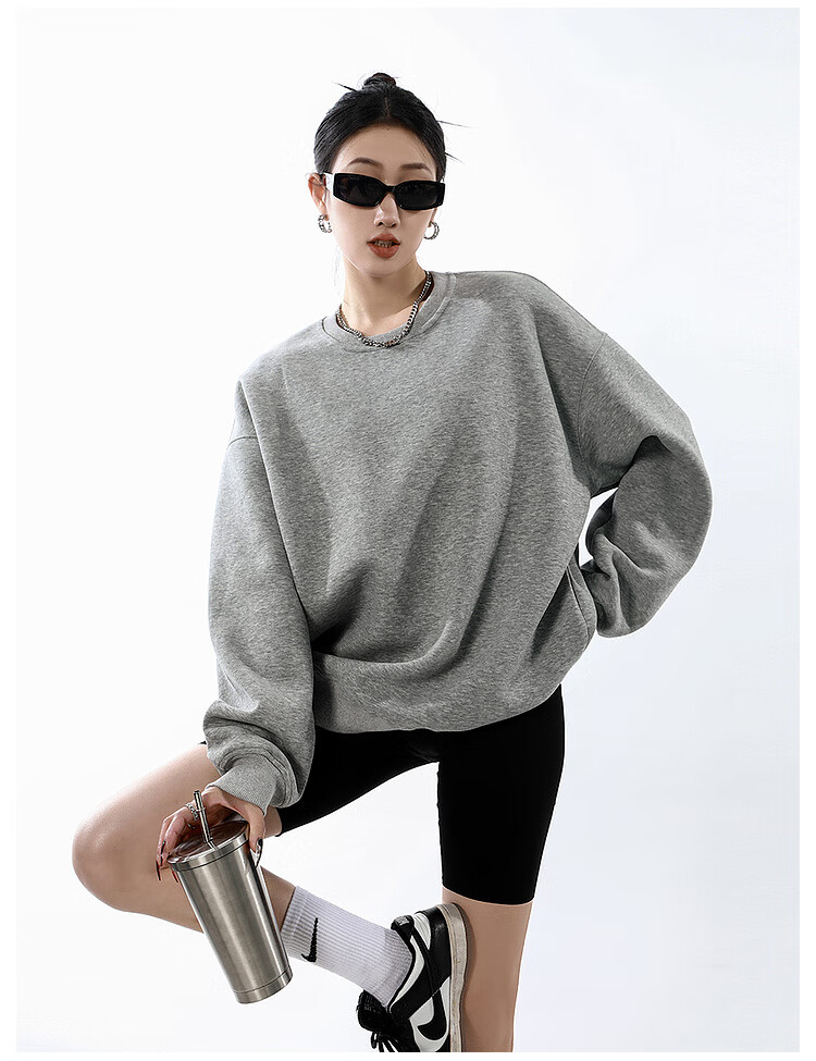ICH MODE Women's American Style Crew Neck Solid Color Sweatshirt Spring Autumn New Loose Lazy Pullover Long Sleeve Top Black M 7